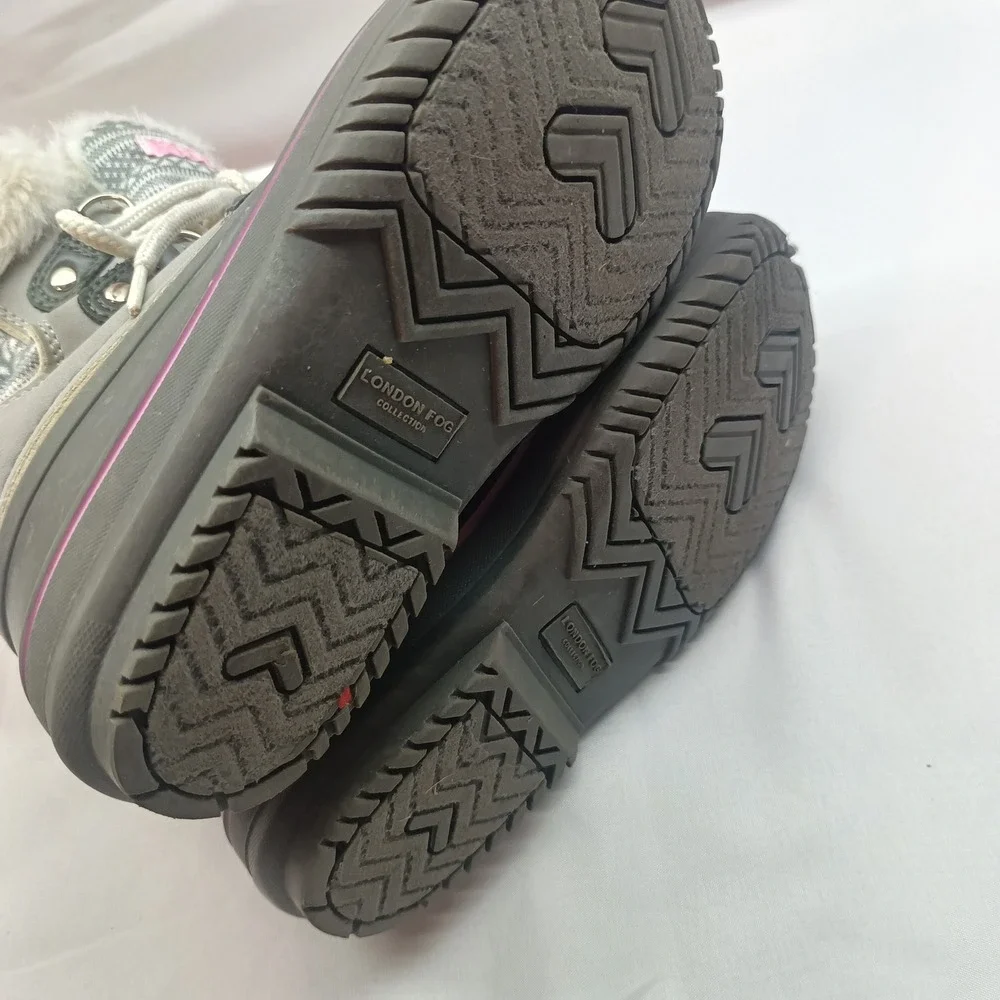 London Fog Tottenham Kids Grey Pink Fair Isle Faux Fur Winter Snow Boots Size 13